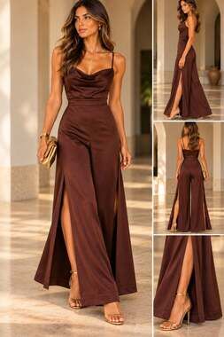 NWT Reiss Arizona Satin Wide Leg Jumpsuit Chocolate Brown Cocktail Luxe US 10